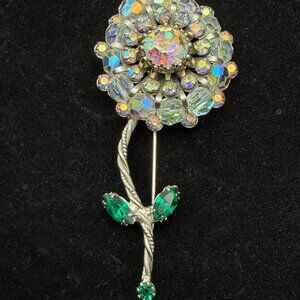 VTG Aurora Borealis Clear Crystal & Green Rhinestones Stemmed Flower Brooch Pin